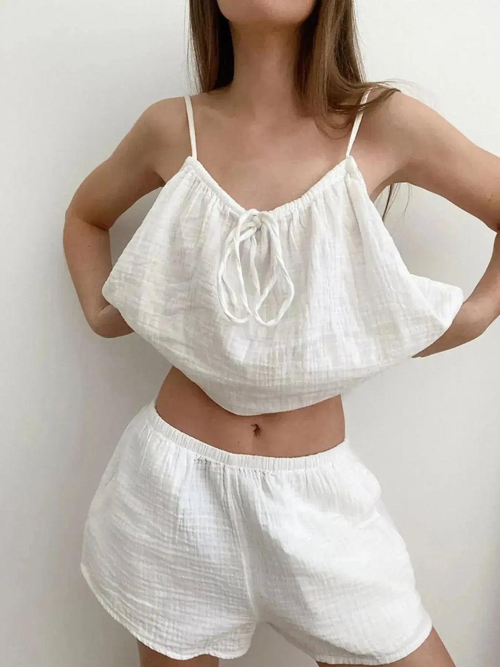 Women’s tie-front cami and shorts loungewear set, soft stretch pajama set from Trendsi, featuring a relaxed, comfortable fit.