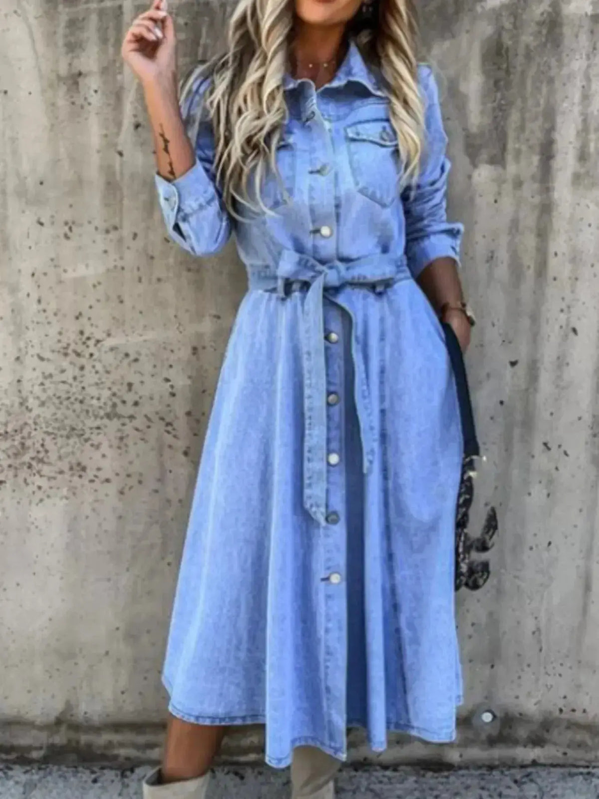 Women’s tie-waist denim shirt dress by Plush Fashion Hub featuring a button-front, casual midi style with long sleeves.