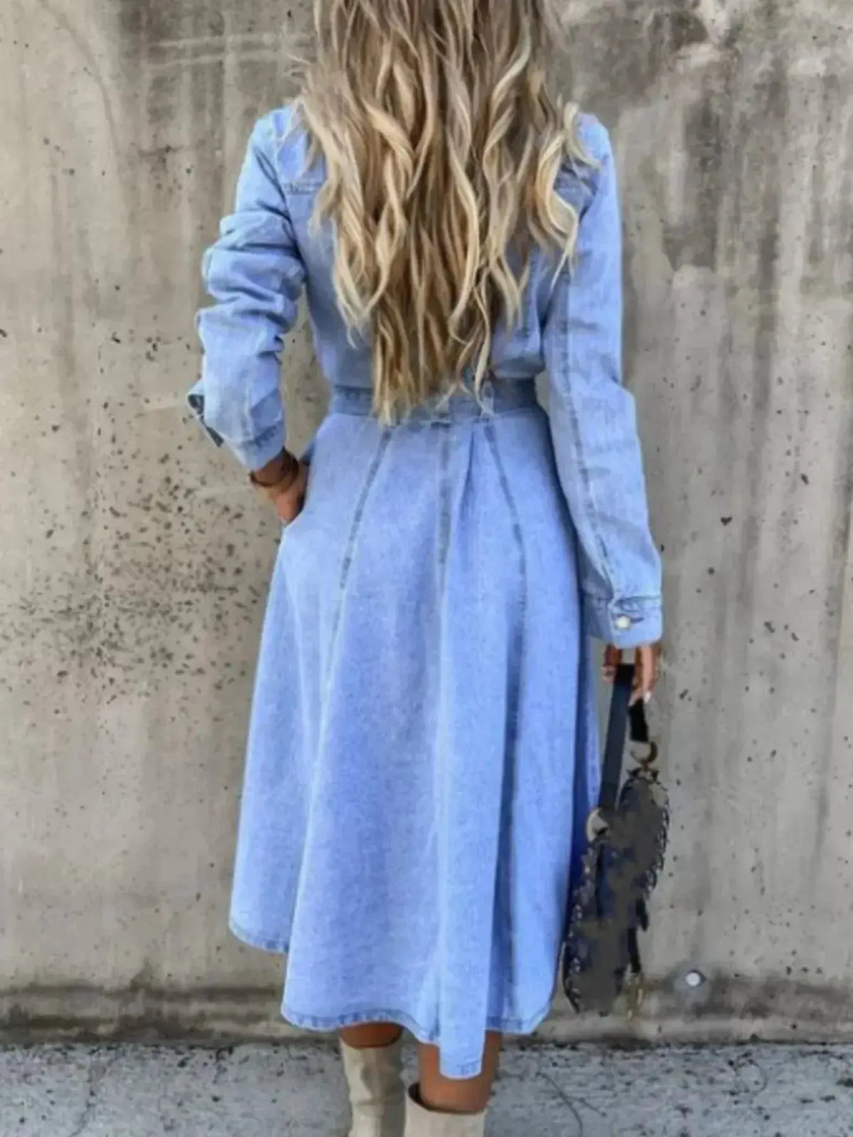 Women's tie-waist denim shirt dress by Plush Fashion Hub featuring button-front closure and casual midi length.