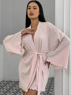 Women's tie waist kimono sleeve lounge nightgown made of soft cotton blend, featuring a relaxed fit and comfortable design.