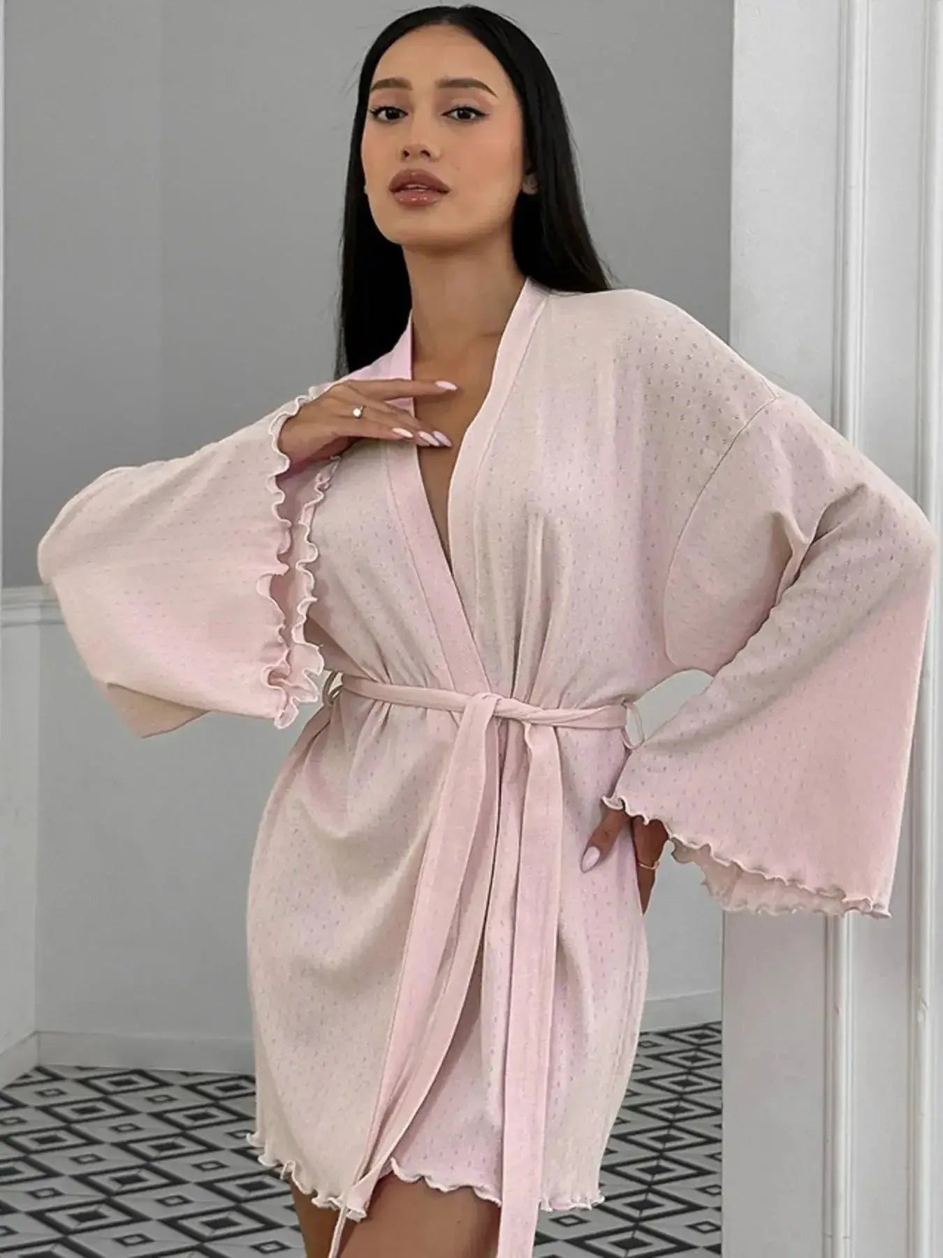 Women’s soft cotton blend kimono sleeve lounge nightgown with tie waist, comfortable pajamas by Plush Fashion Hub
