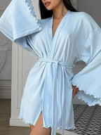 Women's tie waist kimono sleeve lounge nightgown made of soft cotton blend, stylish and comfortable pajamas from Trendsi.