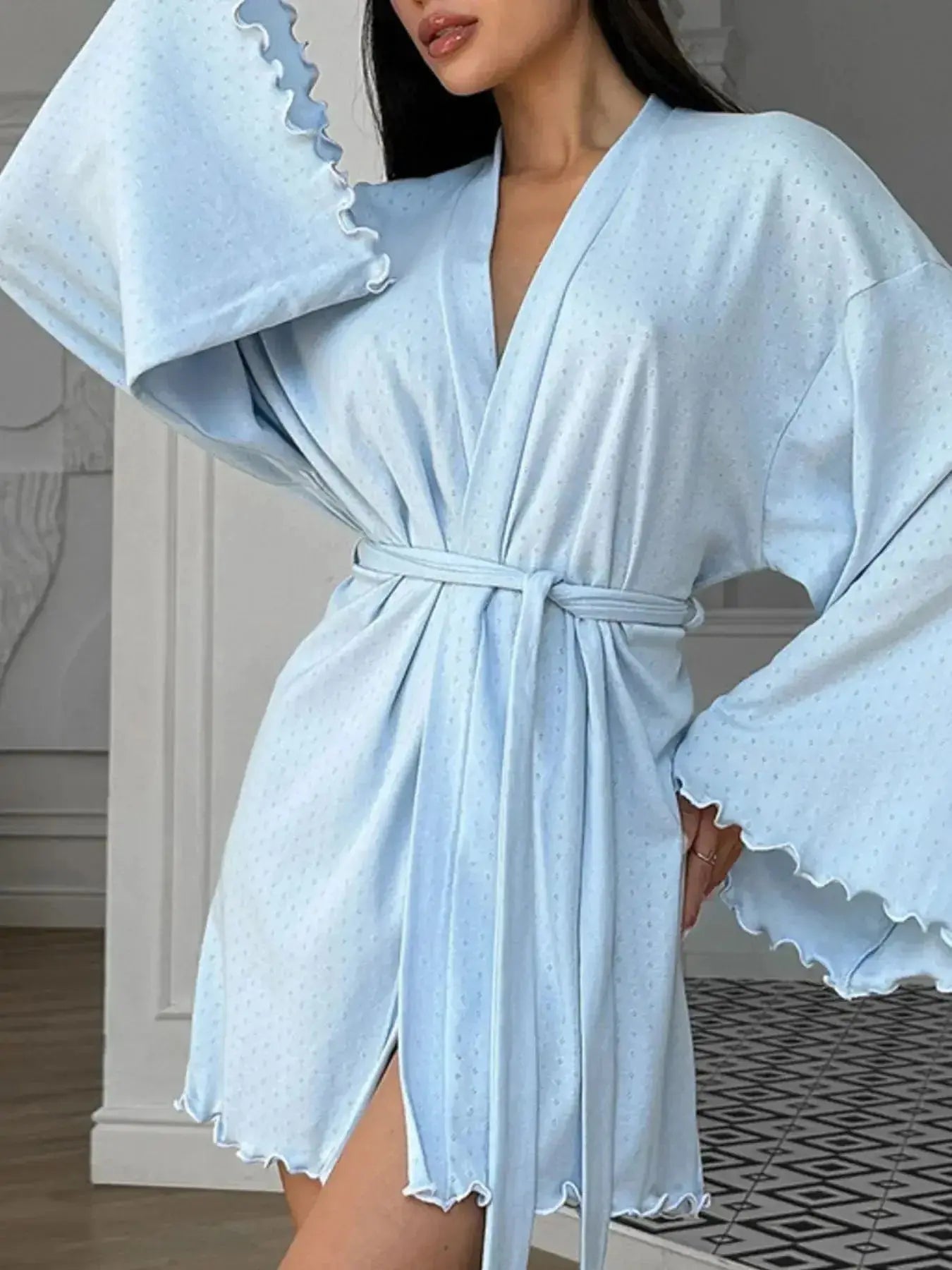 Women's tie waist kimono sleeve lounge nightgown made of soft cotton blend, stylish and comfortable pajamas from Trendsi.