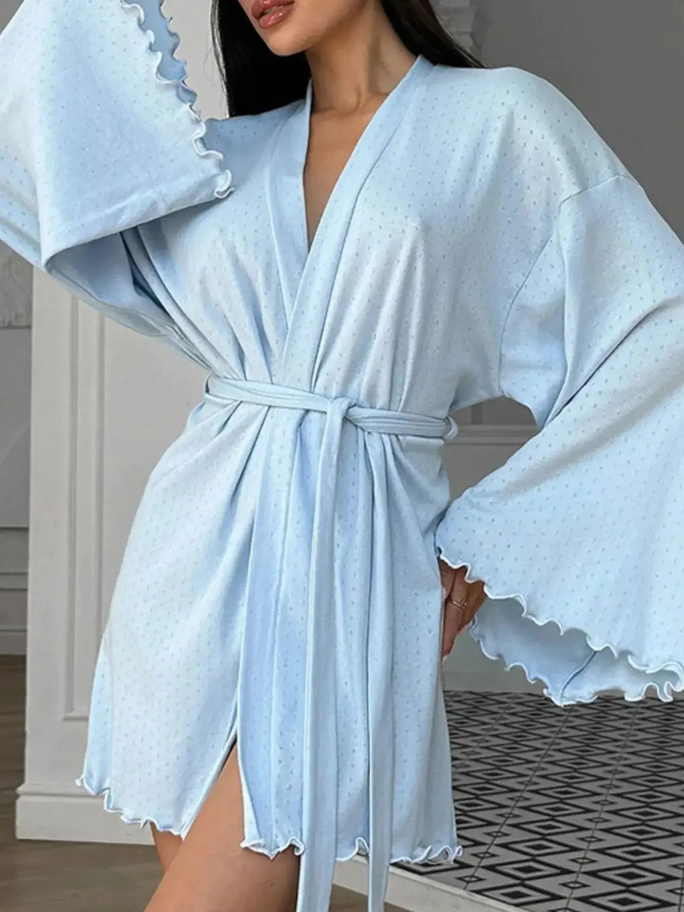 Women's tie waist kimono sleeve lounge nightgown made of soft cotton blend, comfortable pajamas from Trendsi.