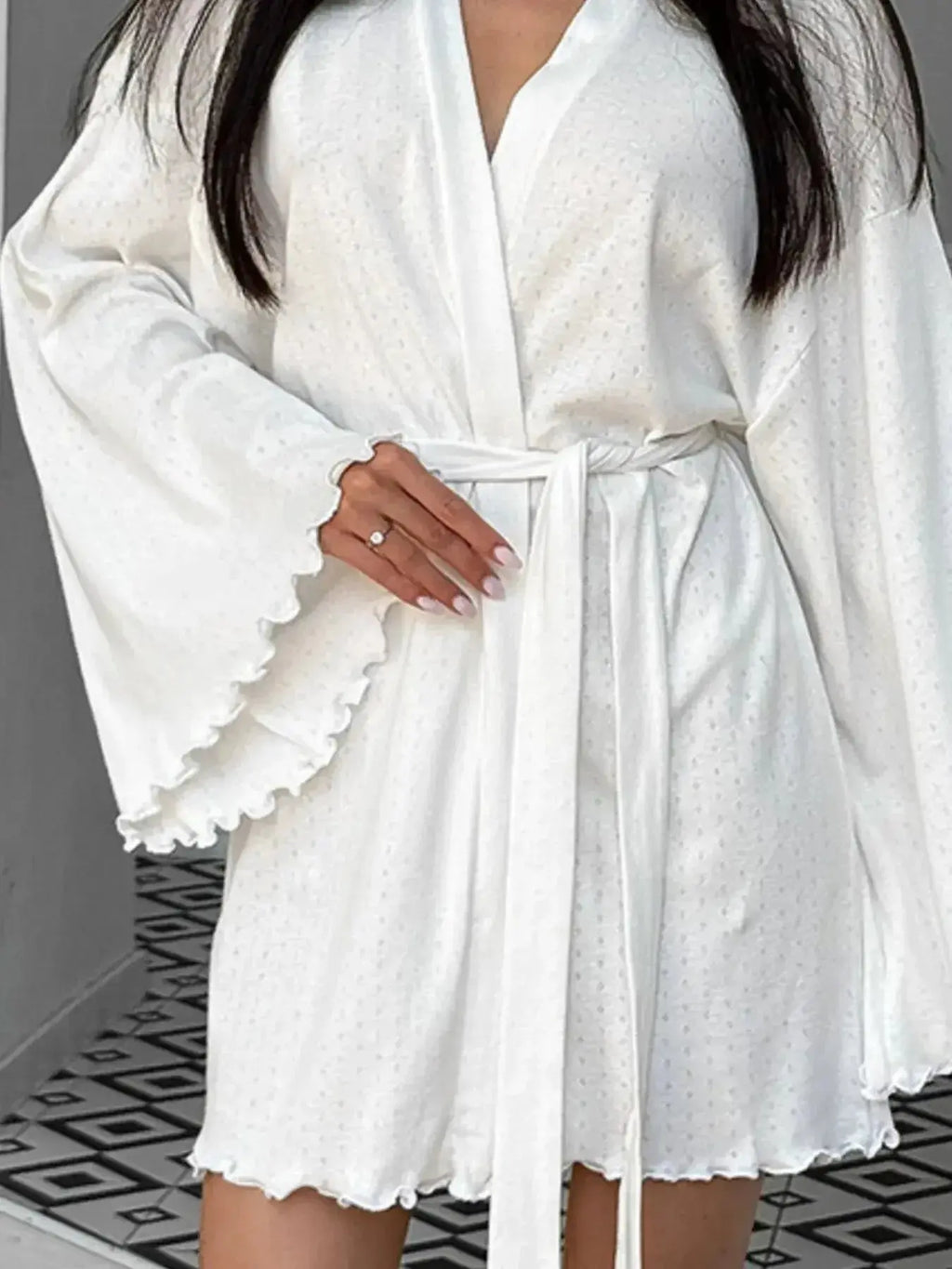 Women’s tie waist kimono sleeve lounge nightgown made of soft cotton blend, featuring a relaxed fit and comfortable design.