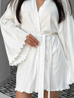 Women’s tie waist kimono sleeve lounge nightgown made of soft cotton blend, featuring a relaxed fit and comfortable design.