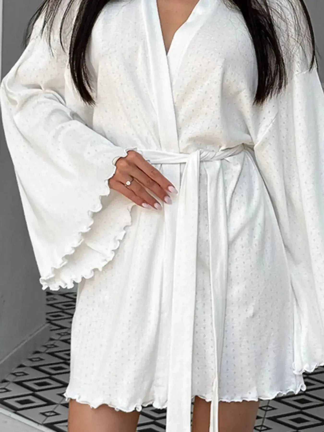 Women’s tie waist kimono sleeve lounge nightgown made of soft cotton blend, featuring a relaxed fit and comfortable design.