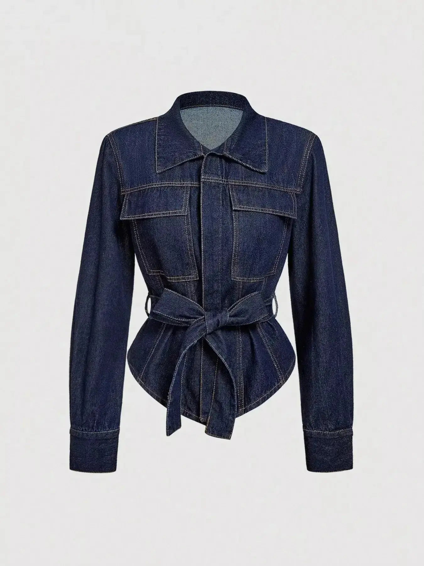Women's tie waist long sleeve denim jacket in structured cotton blend by Trendsi, featuring classic denim design and tailored fit.