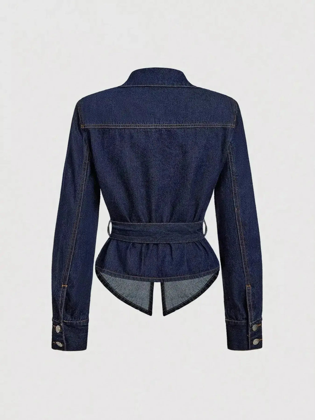 Women's tie waist long sleeve denim jacket by Trendsi, structured cotton blend fabric, perfect for casual and stylish outfits.