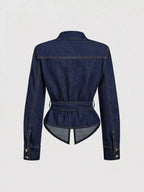 Women's tie waist long sleeve denim jacket by Trendsi, structured cotton blend fabric, perfect for casual and stylish outfits.