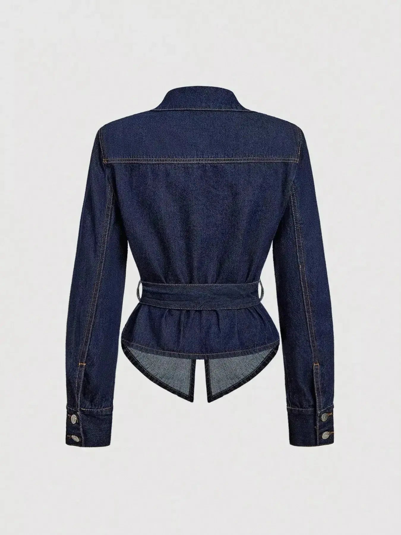 Women's tie waist long sleeve denim jacket by Trendsi, structured cotton blend fabric, perfect for casual and stylish outfits.