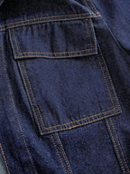 Women's tie waist long sleeve denim jacket by Trendsi, structured cotton blend, featuring classic blue denim and tailored fit.