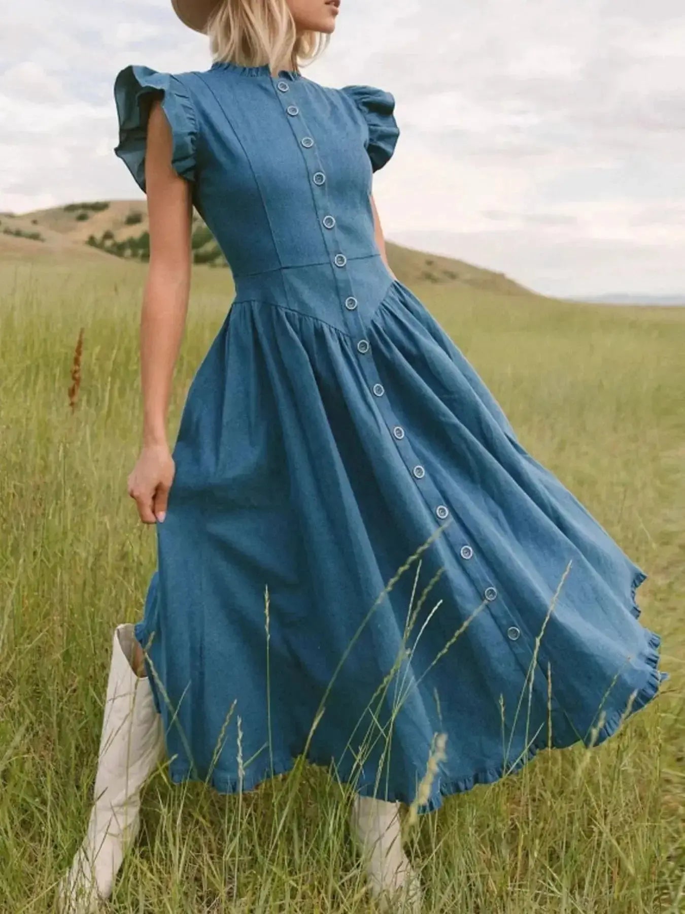Women’s tiered ruffled cap sleeve denim dress, casual midi summer dress by Trendsi, featuring a relaxed fit and stylish ruffle details.