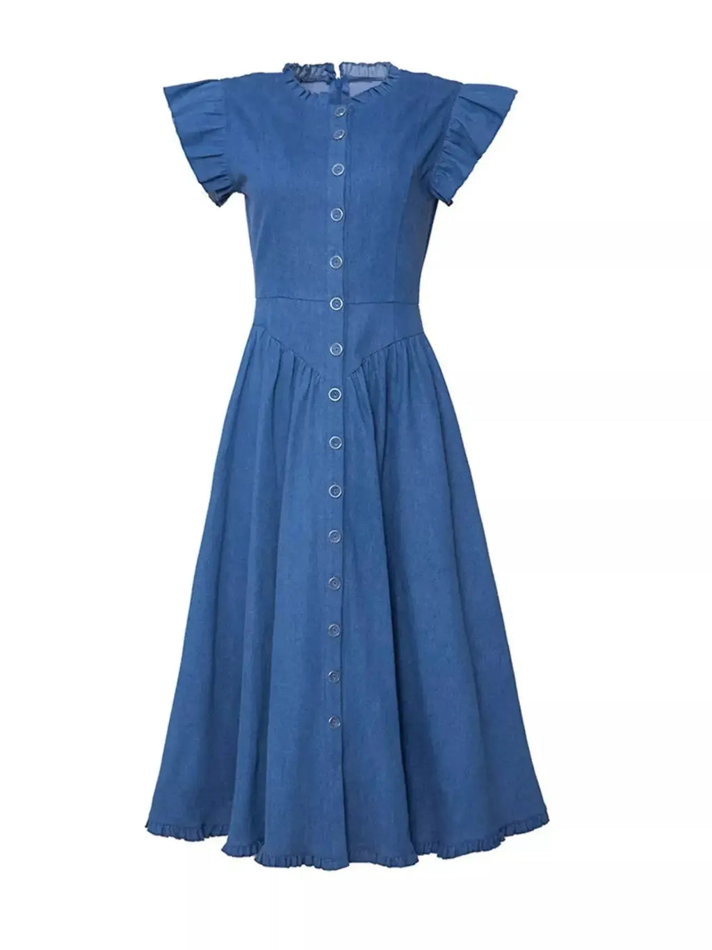 Women's tiered ruffled cap sleeve denim dress, casual midi summer dress with a relaxed fit and stylish design.