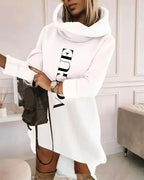 Women’s mid-length turtleneck hoodie sweater by Plush Fashion Hub, soft knit pullover with hood and long sleeves.