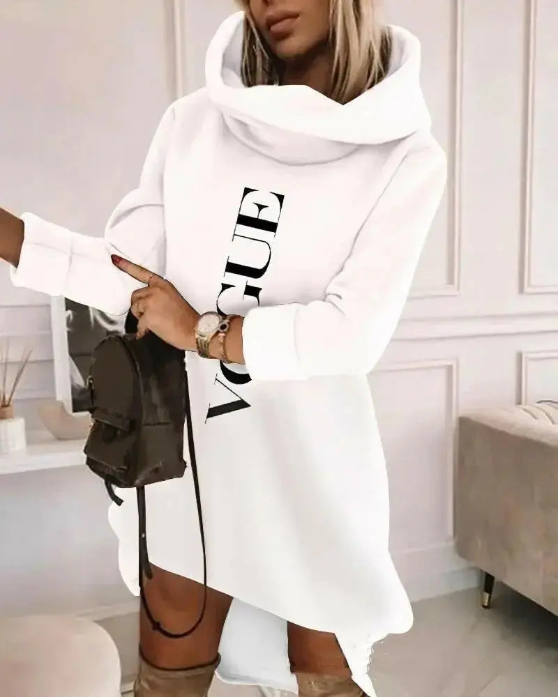 Women’s mid-length turtleneck hoodie sweater by Plush Fashion Hub, soft knit pullover with hood and long sleeves.