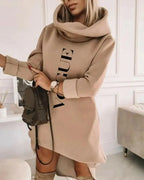 Women’s mid-length plush knit turtleneck hoodie sweater with a hood and soft pullover design from Plush Fashion Hub.