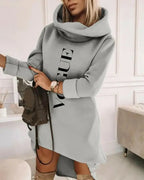 Women’s mid-length turtleneck hoodie sweater by Plush Fashion Hub, soft knit pullover with hood and relaxed fit.