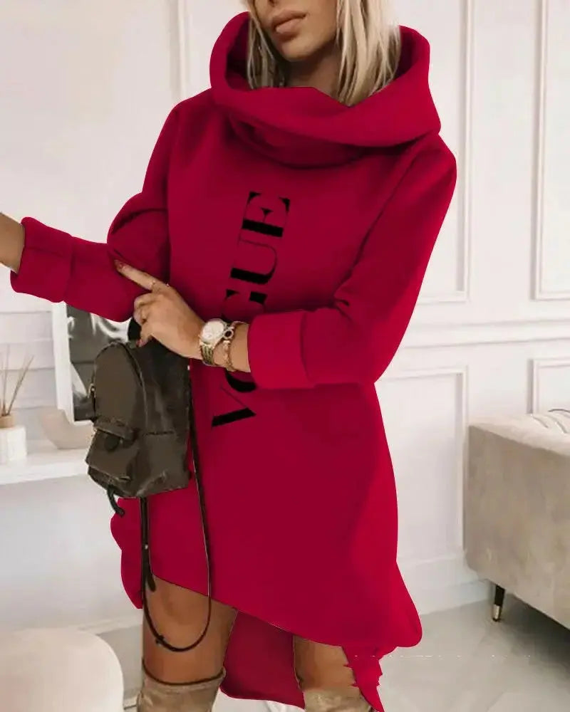 Women’s mid-length turtleneck hoodie sweater by Plush Fashion Hub, soft knit pullover with a cozy hood and relaxed fit.