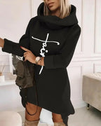 Women’s mid-length turtleneck hoodie sweater by Plush Fashion Hub, soft knit pullover with hood and long sleeves.