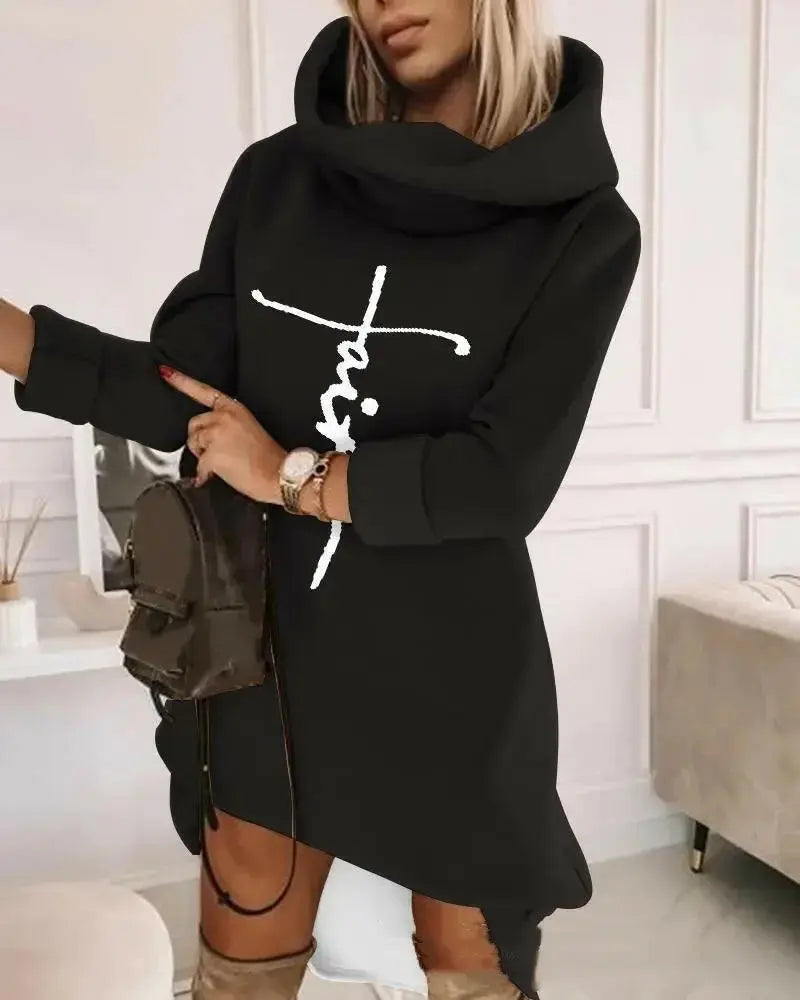 Women’s mid-length turtleneck hoodie sweater by Plush Fashion Hub, soft knit pullover with hood and long sleeves.
