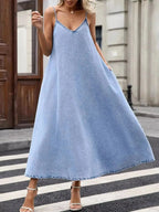 Women's V-neck denim cami mini dress by Trendsi, casual sleeveless cotton blend dress with a relaxed fit and V-neck design.