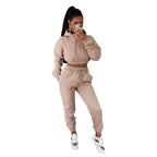 Women’s velvet padded hooded two-piece sweatshirt and pants set by Plush Fashion Hub, casual and cozy loungewear outfit.