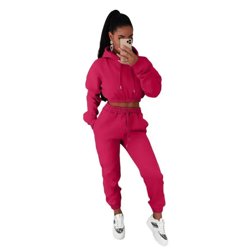 Women's velvet padded hooded sweatshirt and pants set by Plush Fashion Hub, casual two-piece sweatpants and sweatshirt ensemble