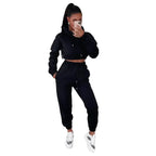 Women’s velvet padded hooded sweatshirt and pants set from Plush Fashion Hub, casual two-piece lounge or activewear outfit.