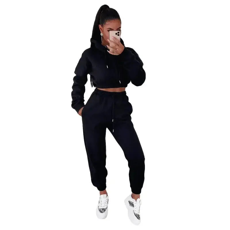 Women’s velvet padded hooded sweatshirt and pants set from Plush Fashion Hub, casual two-piece lounge or activewear outfit.