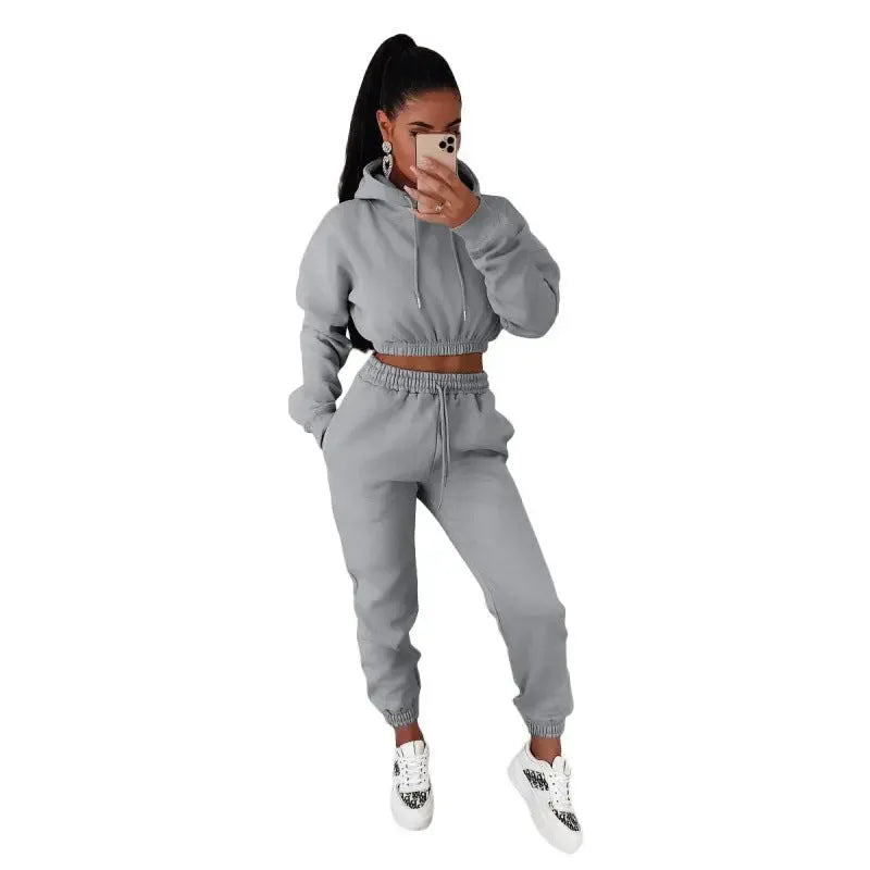Women's Velvet Padded Hooded Sweatshirt Casual Two-piece Suit - Plush Fashion Hub