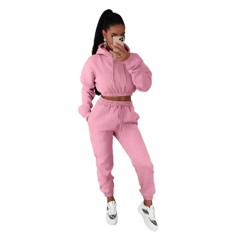 Women’s velvet padded hooded two-piece sweatshirt and pants set by Plush Fashion Hub, casual loungewear with a cozy, plush look.