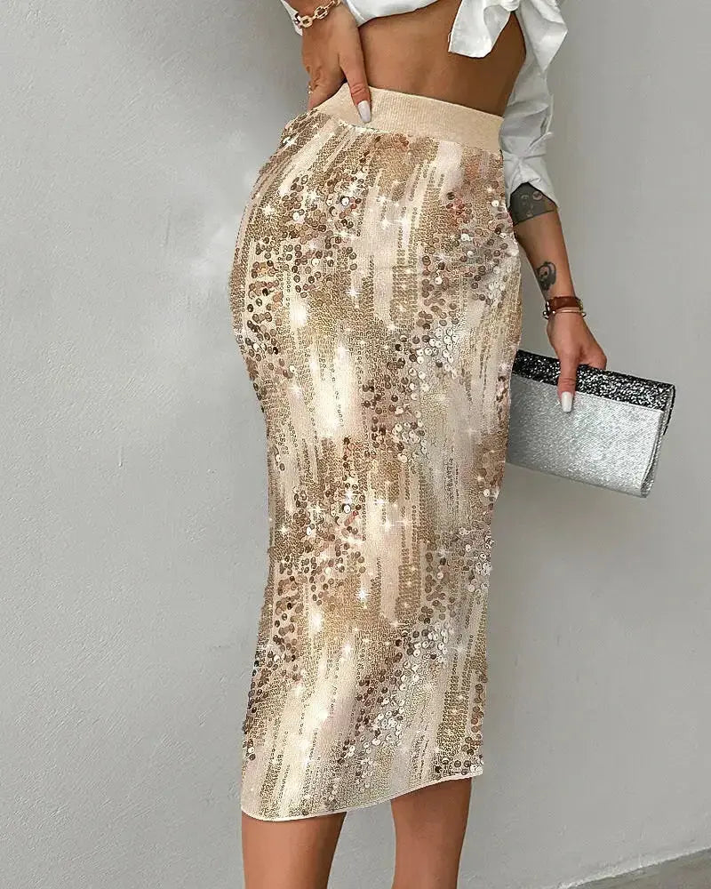 Women's high-waisted solid sequin umbrella skirt by Plush Fashion Hub, featuring a shimmering evening-ready design and versatile style.