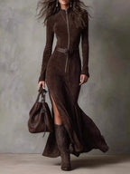 Plus size women's zipper front slit maxi dress by Trendsi, featuring an elegant casual evening style with a flowing silhouette.