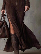 Elegant women's zipper front slit maxi dress by Trendsi, plus size casual evening dress with flowing fabric and stylish slit detail.