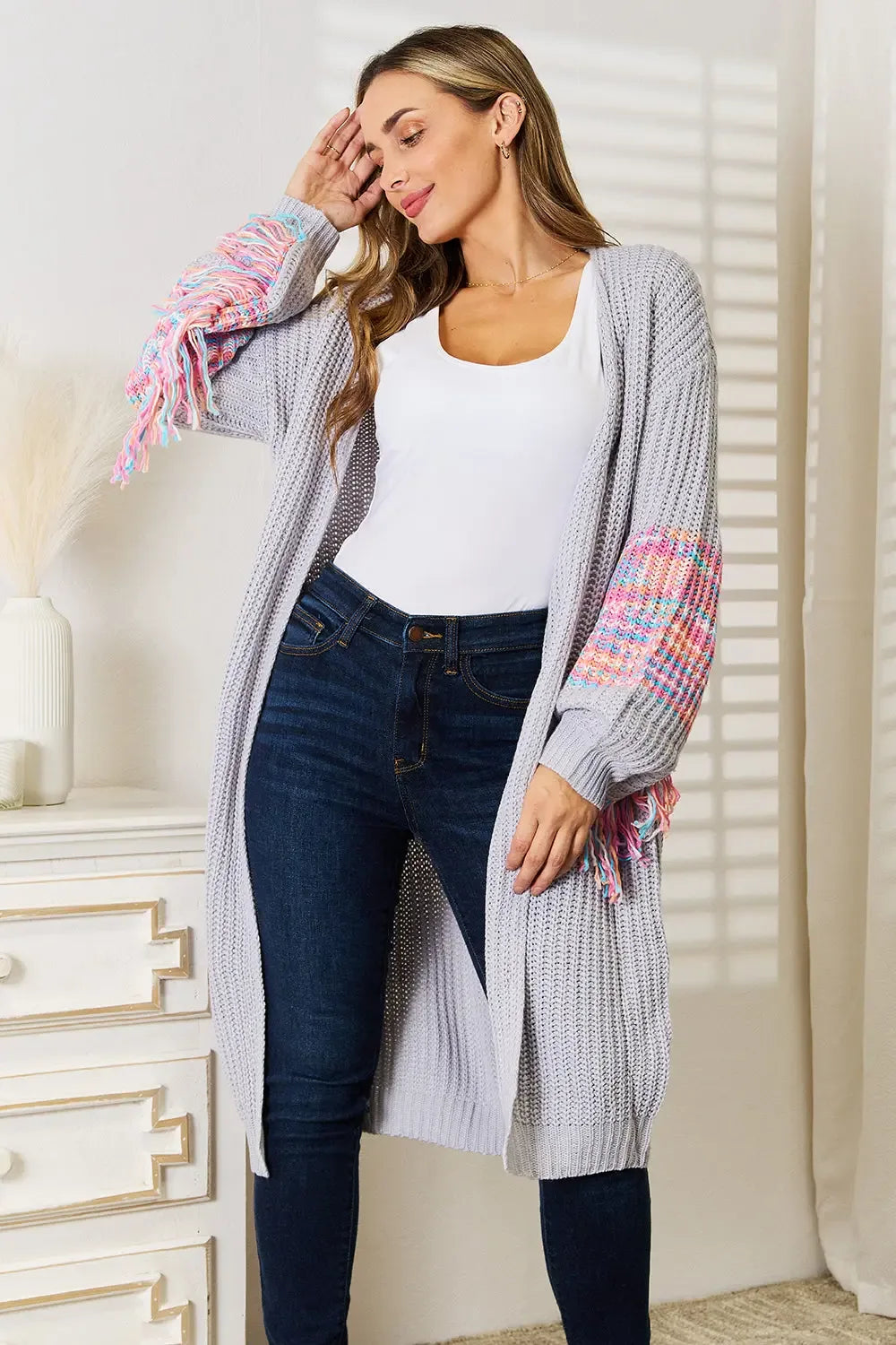 Woven Right Fringe Sleeve Dropped Shoulder Cardigan - Plush Fashion Hub