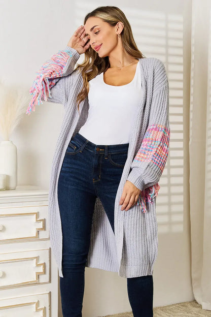 Woven Right Fringe Sleeve Dropped Shoulder Cardigan - Plush Fashion Hub