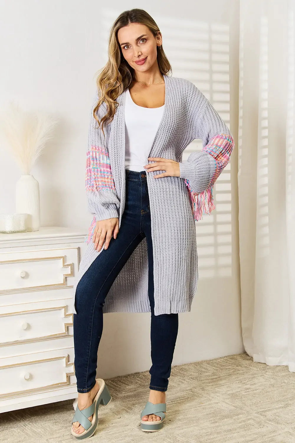 Woven Right Fringe Sleeve Dropped Shoulder Cardigan - Plush Fashion Hub