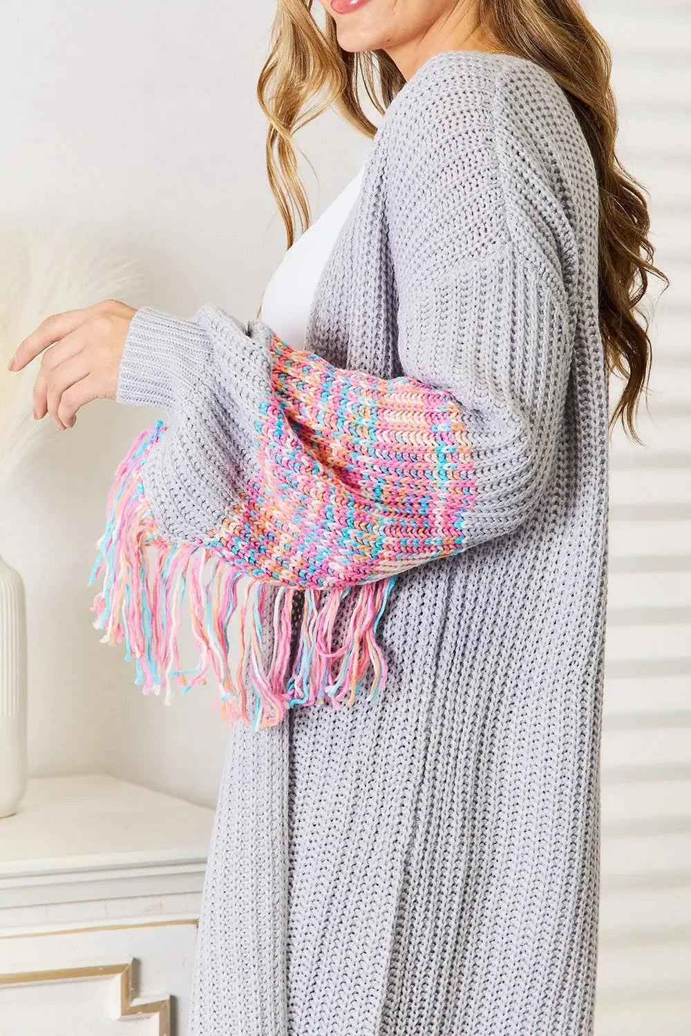 Woven Right Fringe Sleeve Dropped Shoulder Cardigan - Plush Fashion Hub