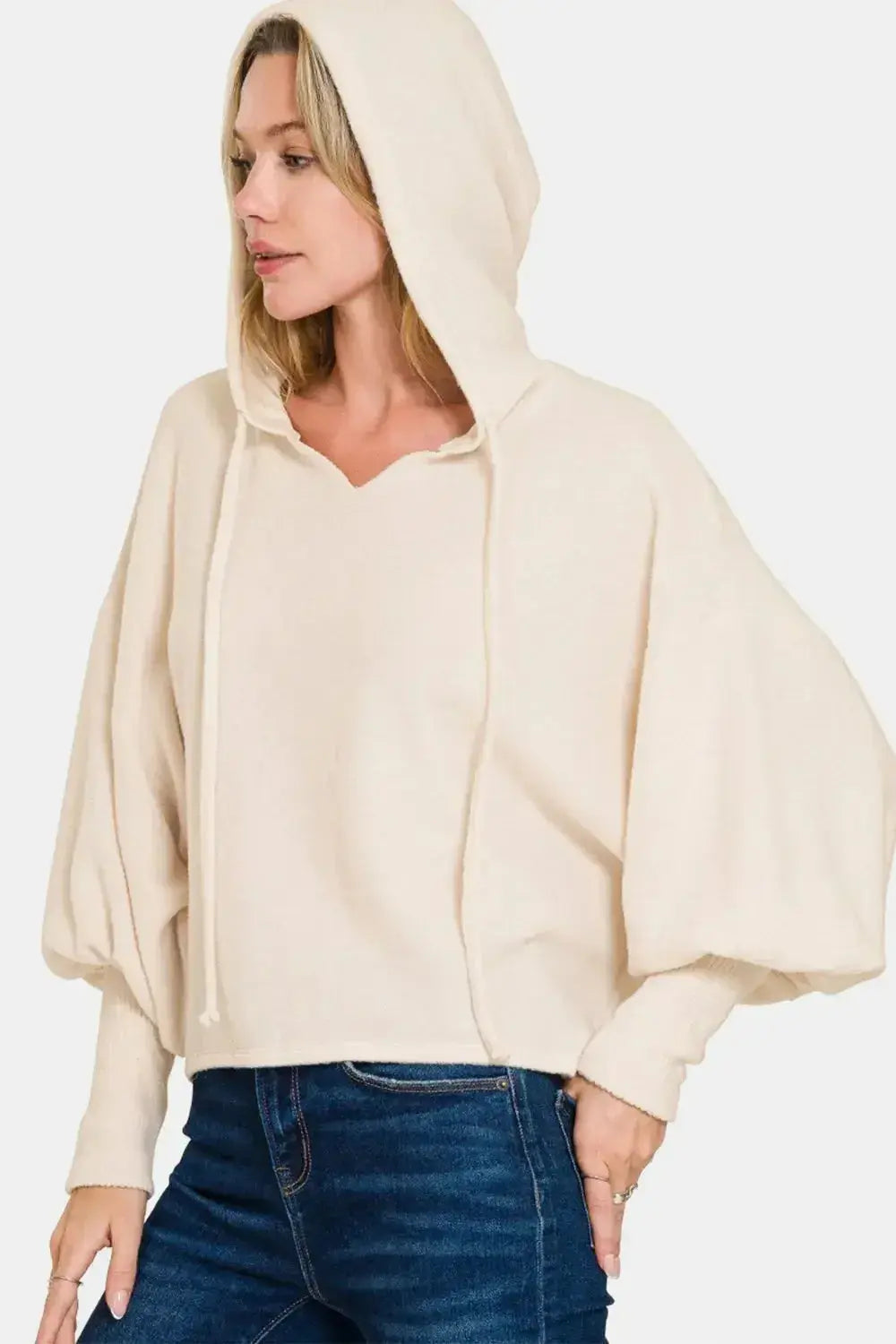 Brushed Hacci drop shoulder cropped hoodie from Plush Fashion Hub, featuring ultra-soft fabric and casual lounge wear style.