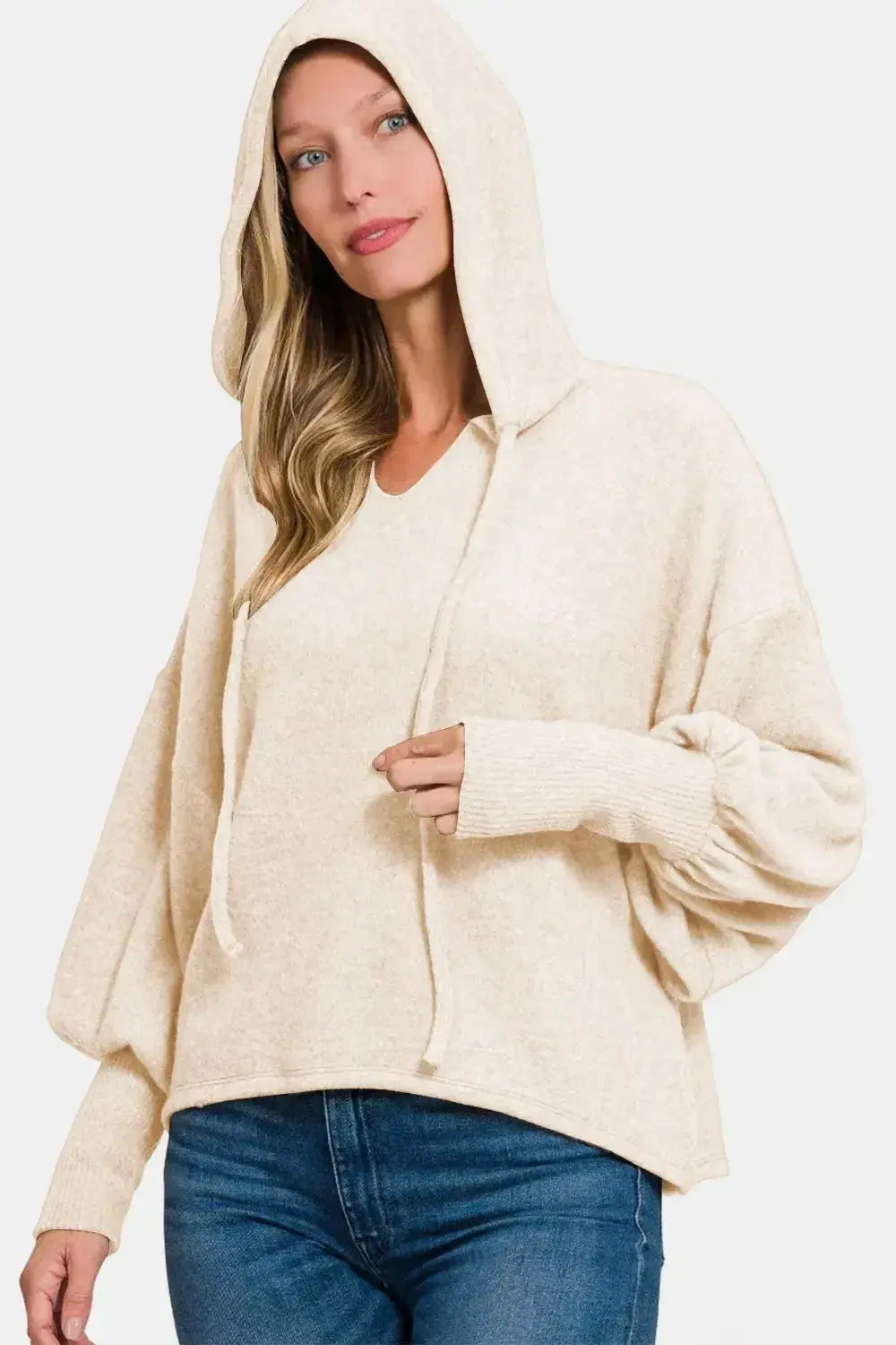 Soft brushed Hacci drop shoulder cropped hoodie by Plush Fashion Hub, perfect for casual lounge wear and relaxed style.