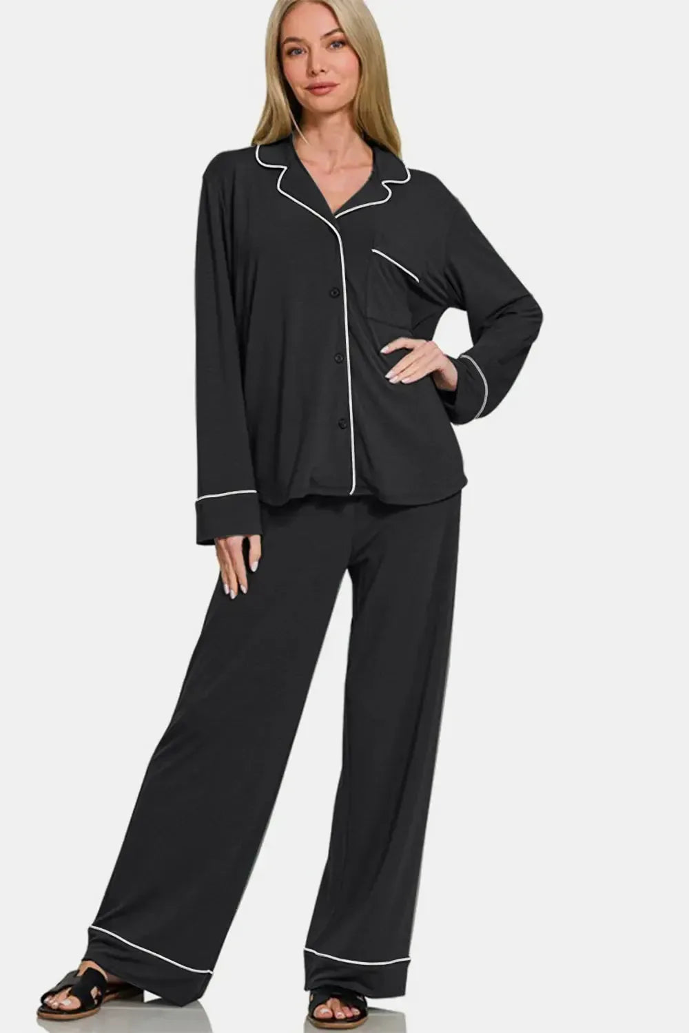 Zenana Button Down Long Sleeve Top and Pants Lounge Set - Plush Fashion Hub