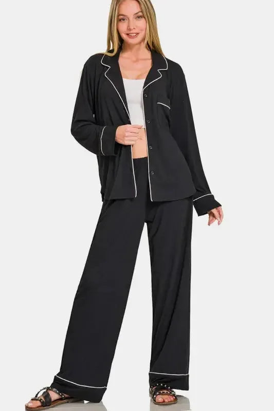 Zenana Button Down Long Sleeve Top and Pants Lounge Set - Plush Fashion Hub