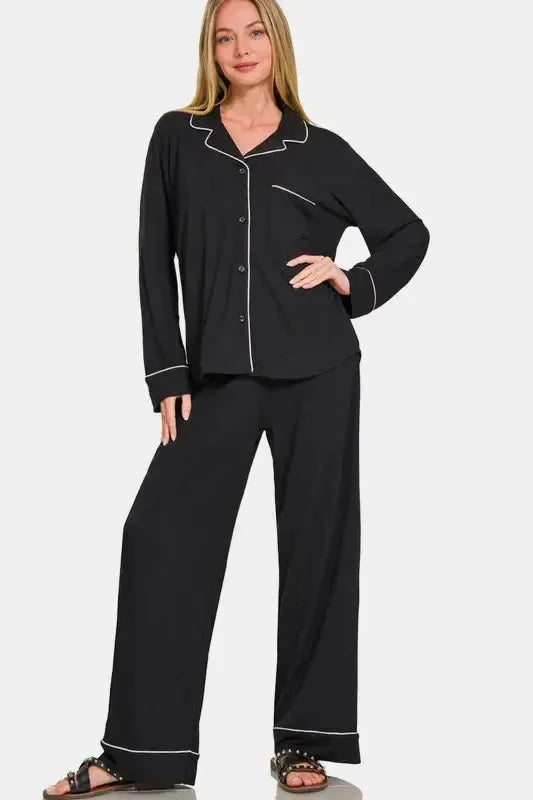 Zenana Button Down Long Sleeve Top and Pants Lounge Set - Plush Fashion Hub