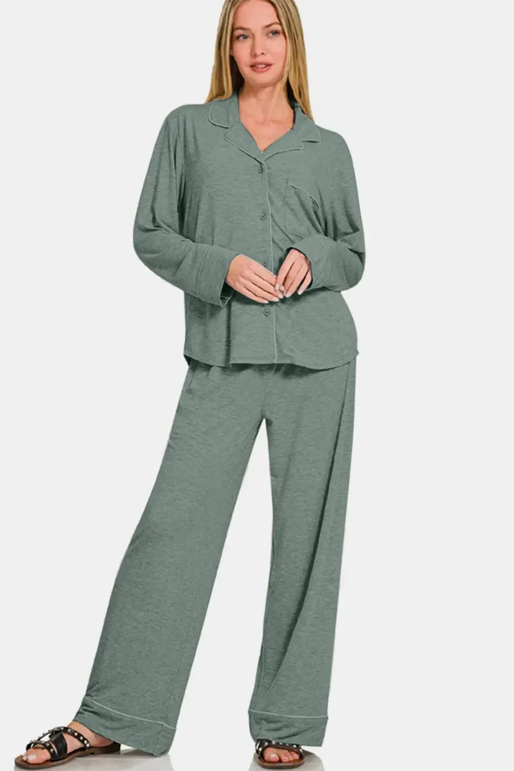 Zenana Button Down Long Sleeve Top and Pants Lounge Set - Plush Fashion Hub