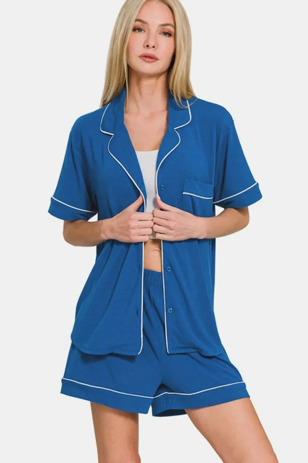 Zenana Button Down Short Sleeve Top and Shorts Lounge Set - Plush Fashion Hub