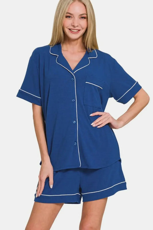 Zenana Button Down Short Sleeve Top and Shorts Lounge Set - Plush Fashion Hub