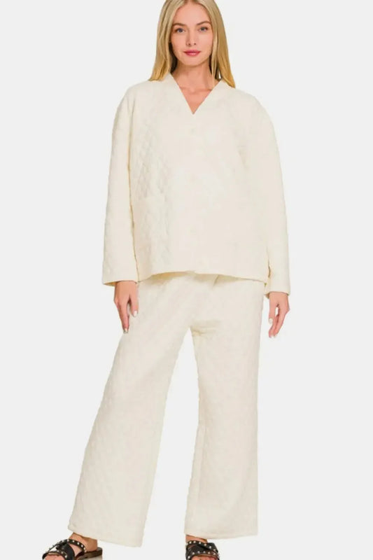 Zenana Quilted Button Up Long Sleeve Top and Pants Lounge Set - Plush Fashion Hub