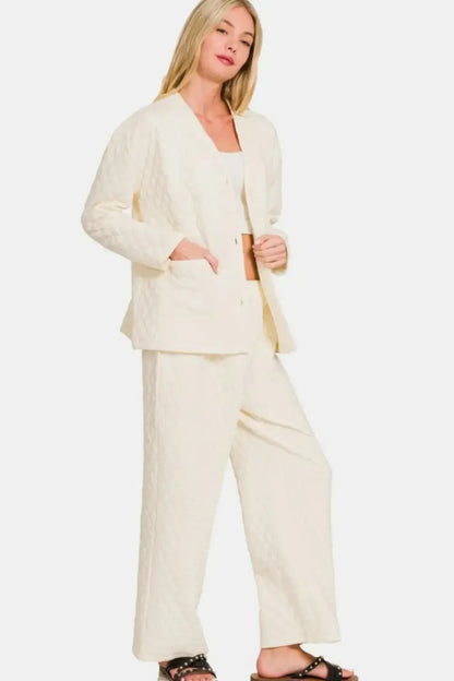 Zenana Quilted Button Up Long Sleeve Top and Pants Lounge Set - Plush Fashion Hub