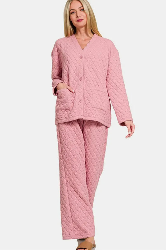 Zenana Quilted Button Up Long Sleeve Top and Pants Lounge Set - Plush Fashion Hub